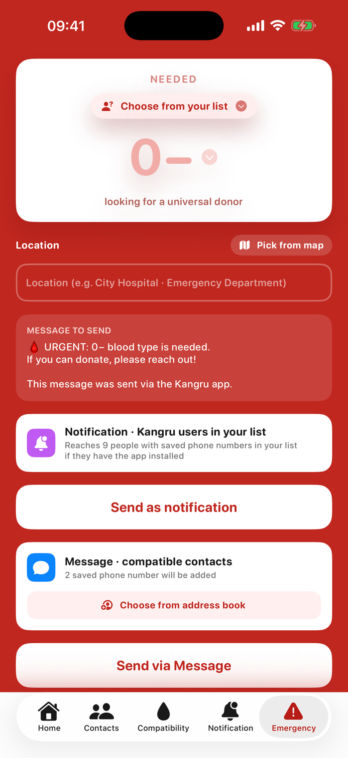 Emergency screen — one-tap emergency alert