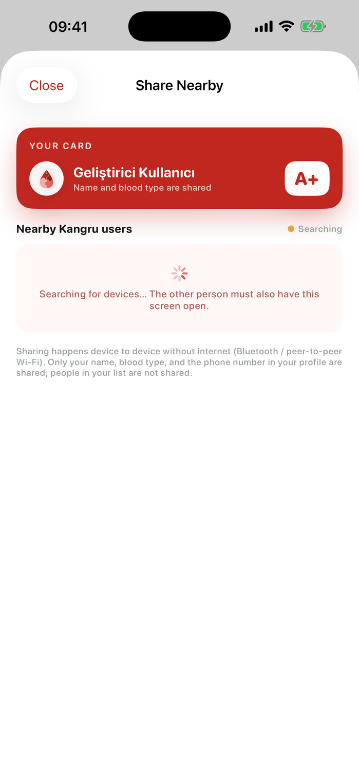 Nearby share screen — offline card exchange