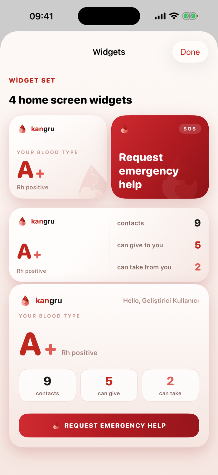 Home screen widgets — blood type and emergency access