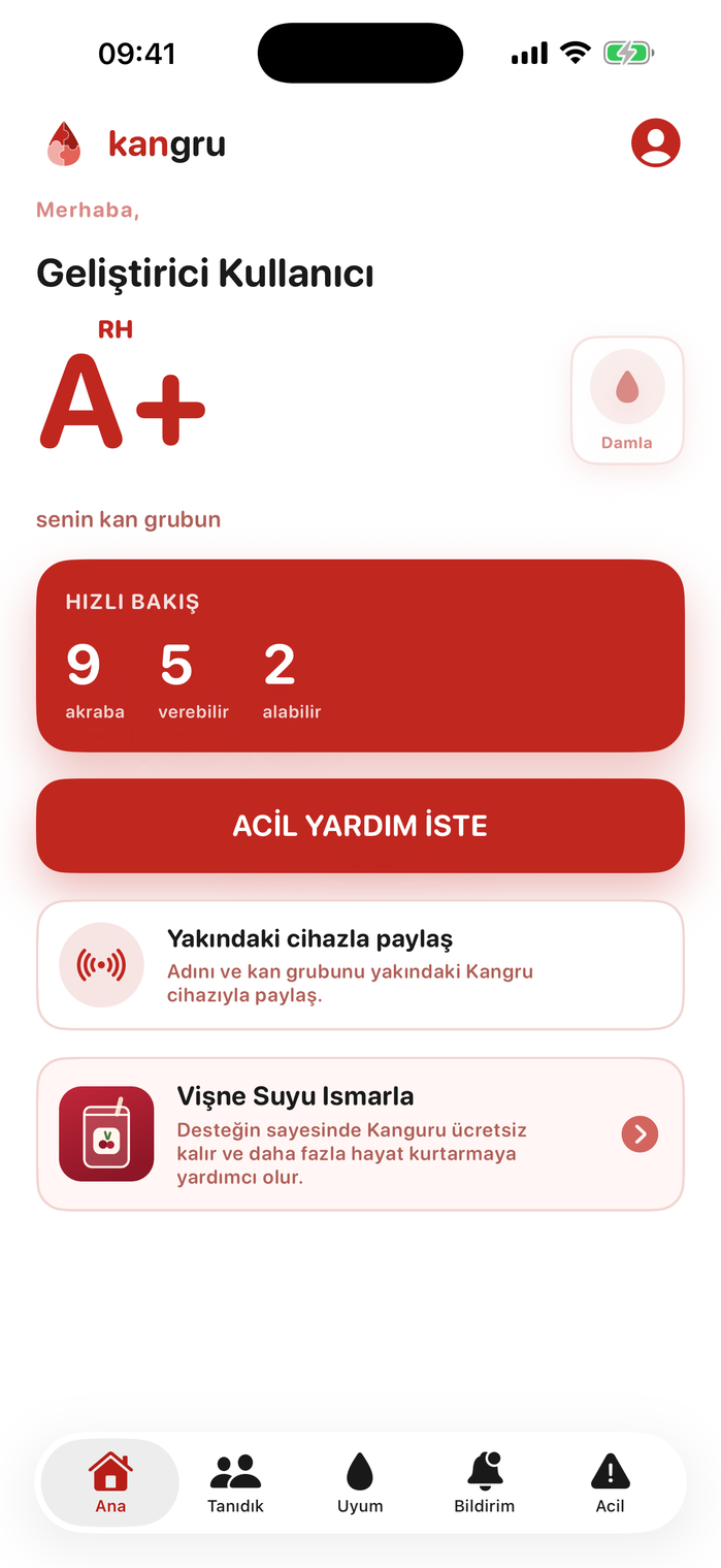 Kangru ana ekranı — kan grubu ve hızlı erişim