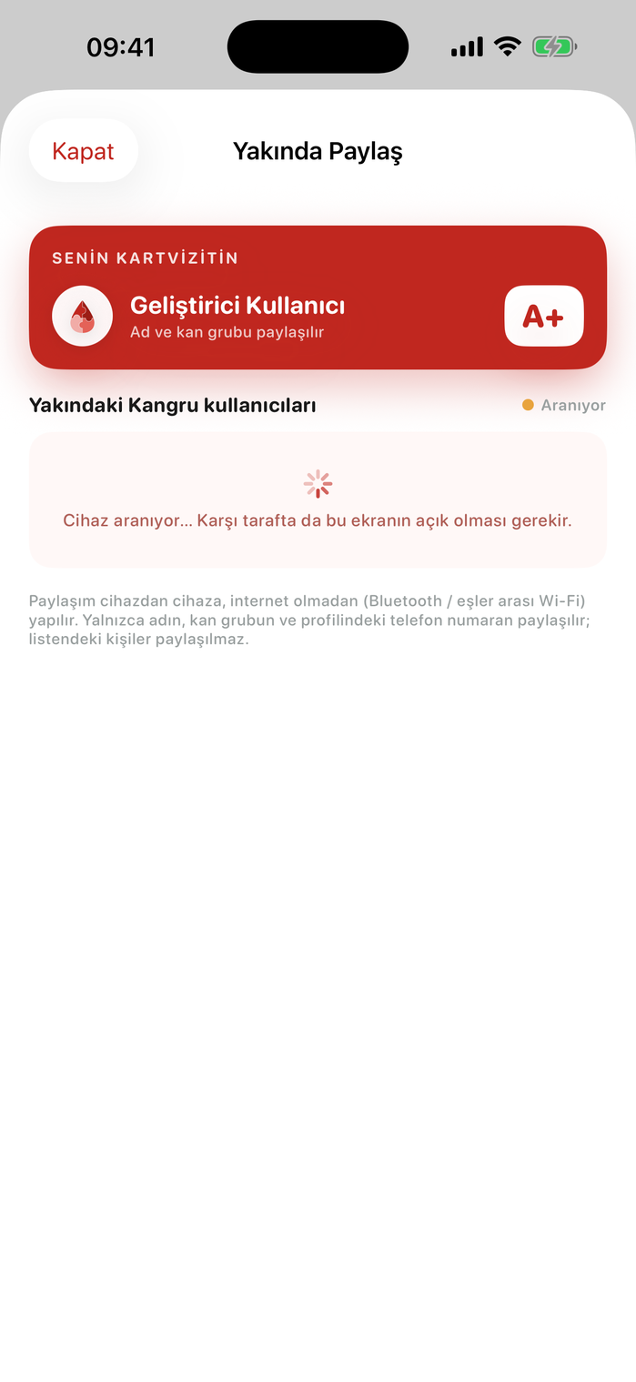 Yakında paylaş ekranı — internetsiz kartvizit takası
